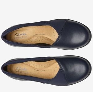 Clarks Suttyn Walk Womens Wedge Shoes Slip-On Navy Leather Comfort sz 5.5 NEW